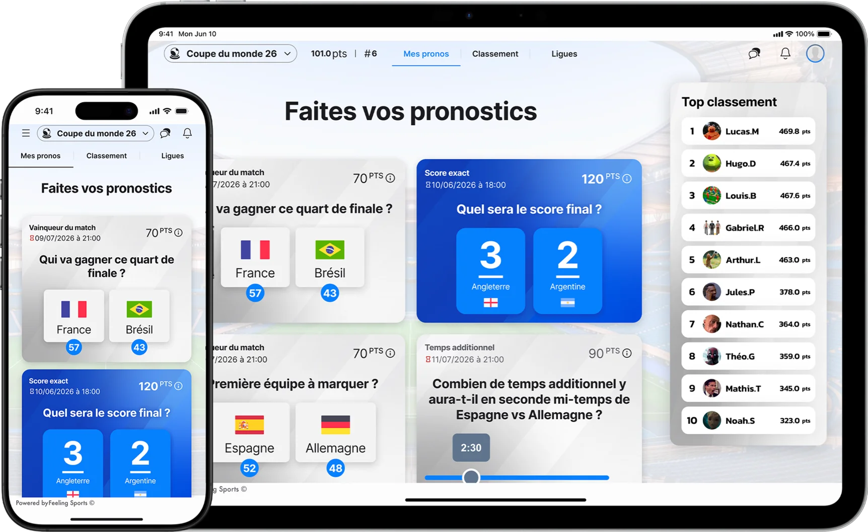 Interface de pronostics Feeling Sports sur mobile et tablette