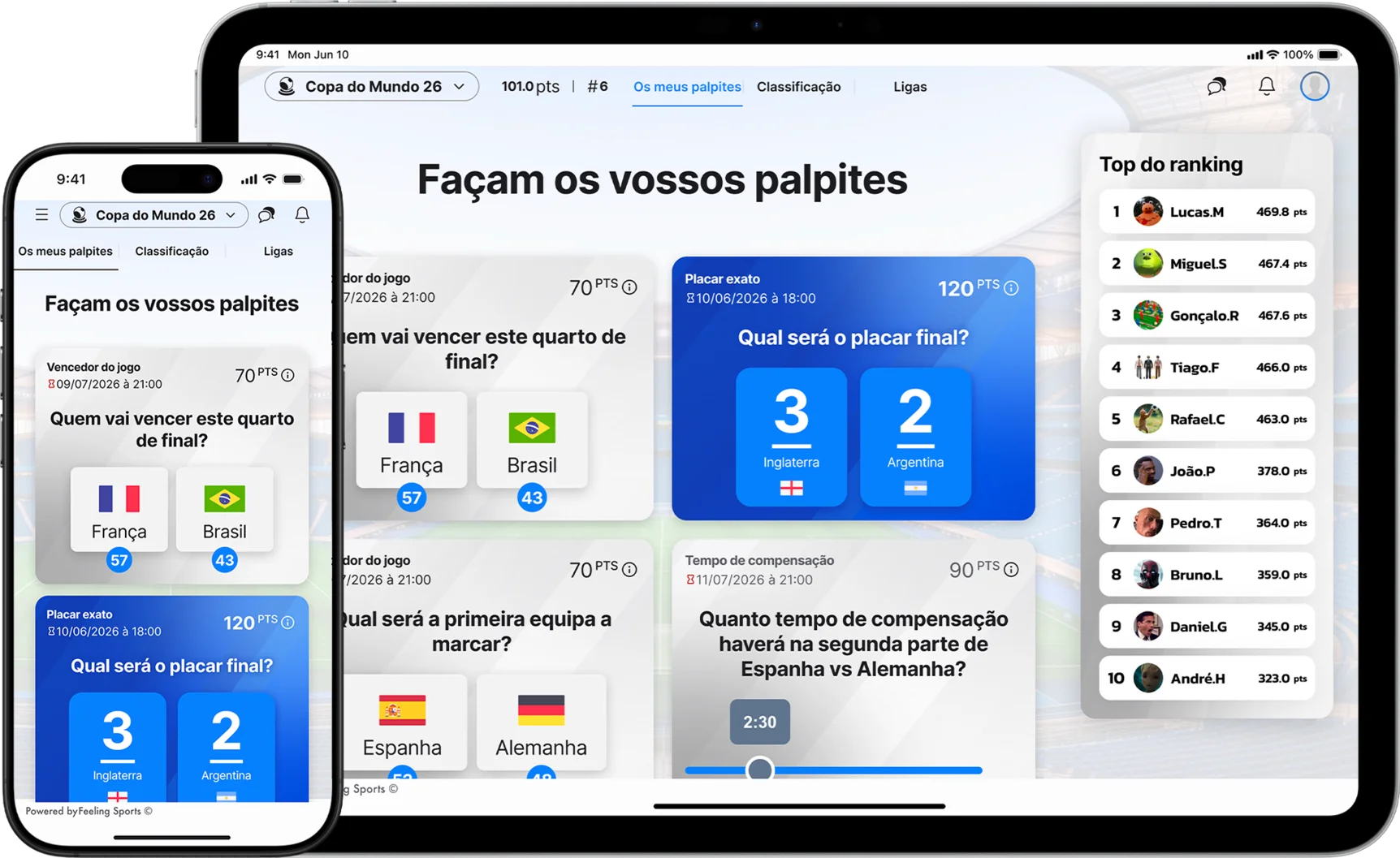 Interface de prognósticos Feeling Sports em telemóvel e tablet