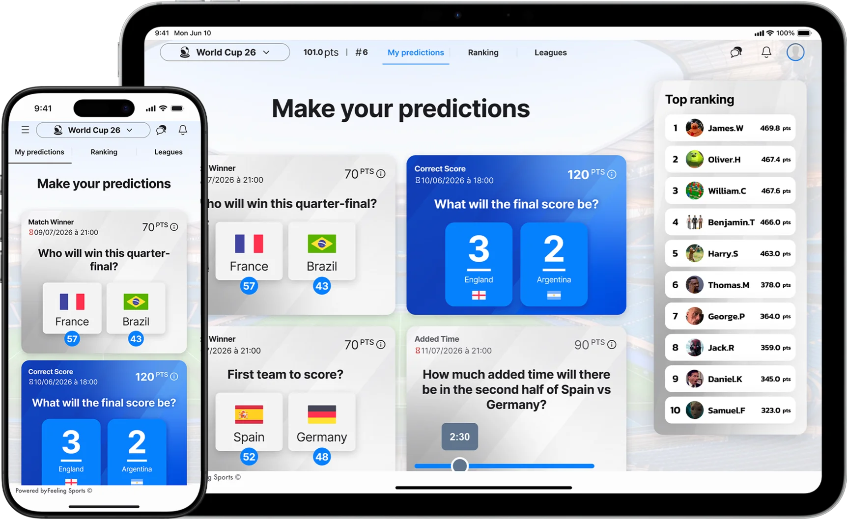 Feeling Sports predictions interface on mobile and tablet
