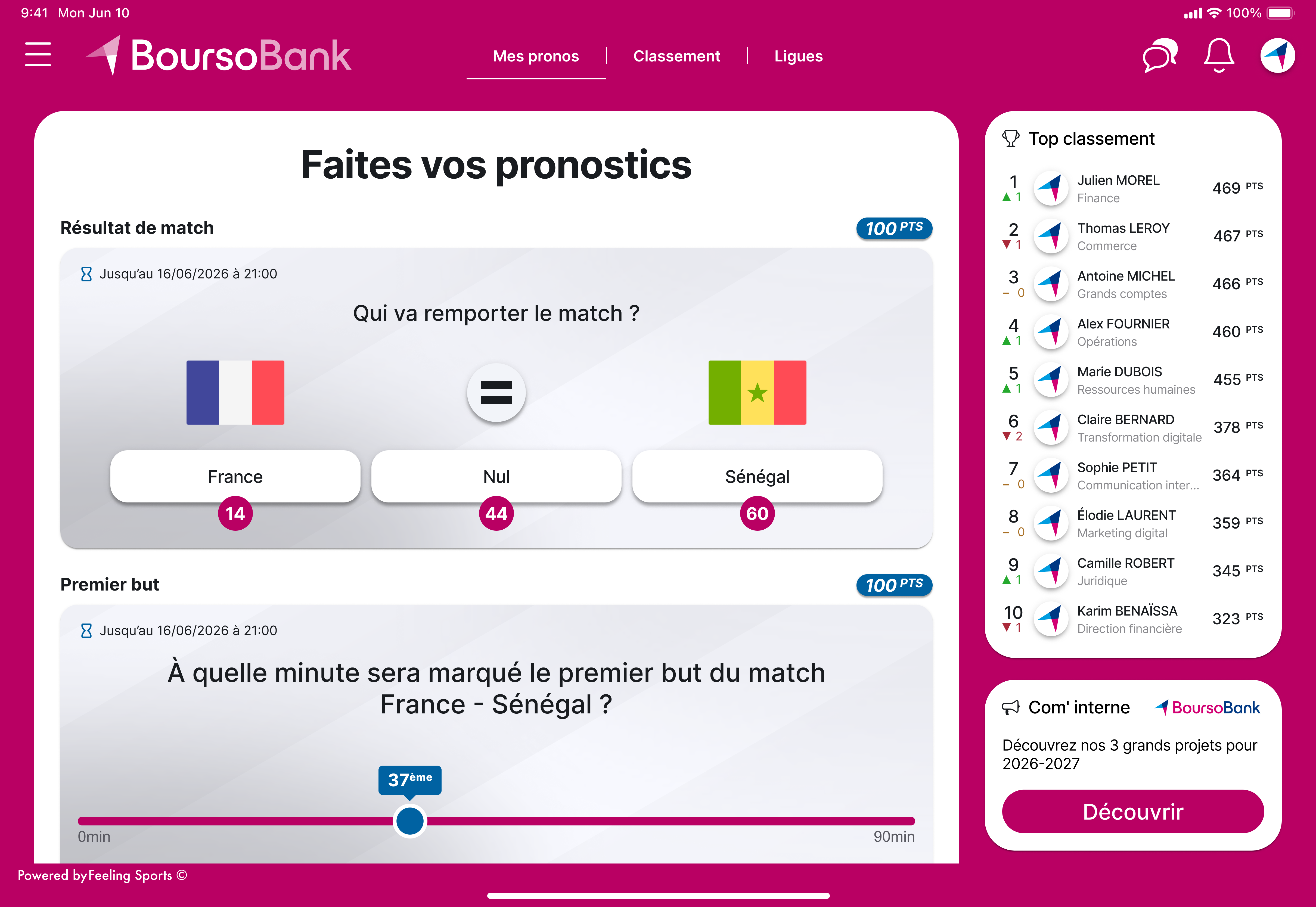 Capture d'ecran tablette du jeu de pronostics Coupe du Monde 2026
