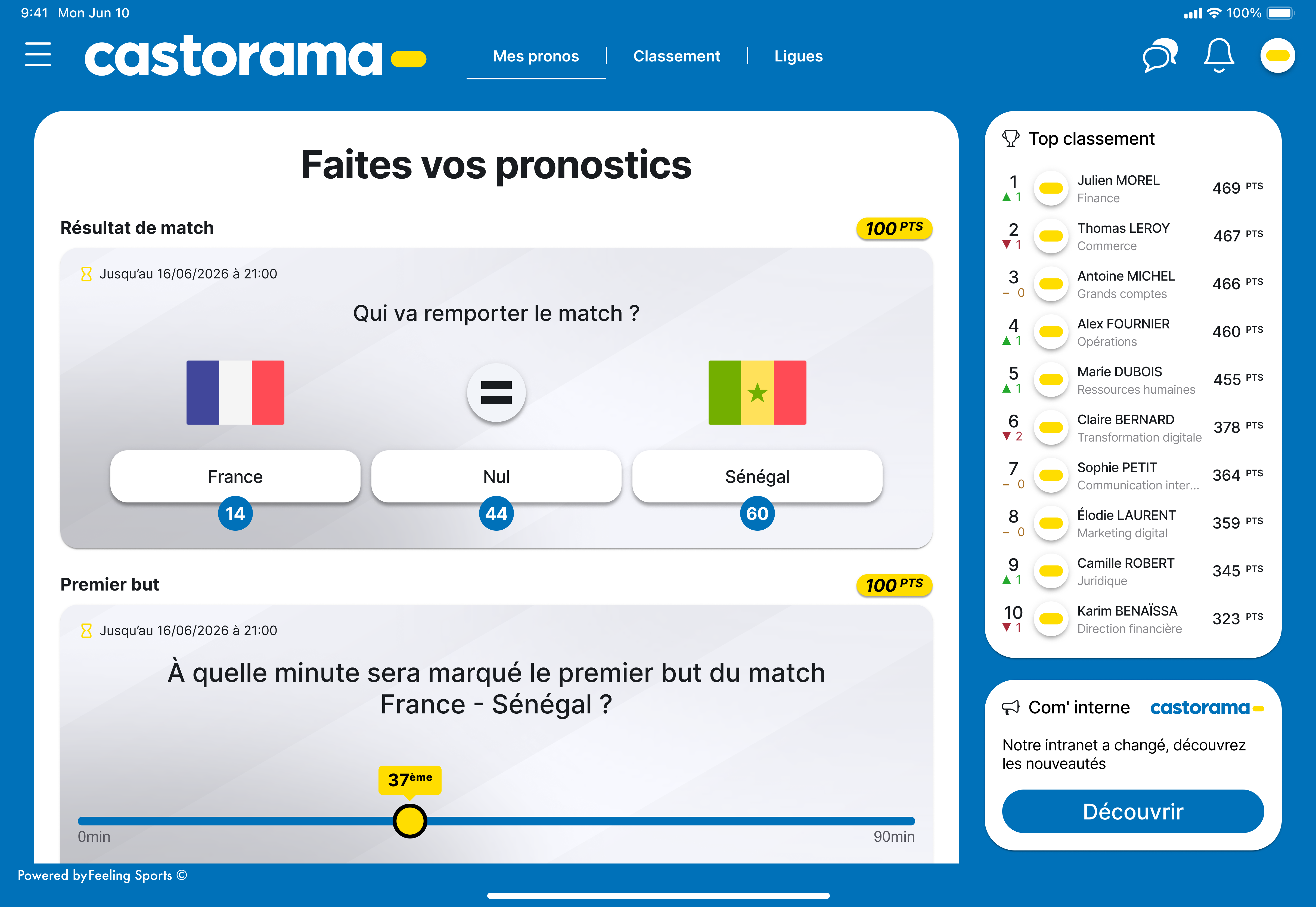 Capture d'ecran tablette du jeu de pronostics Coupe du Monde 2026