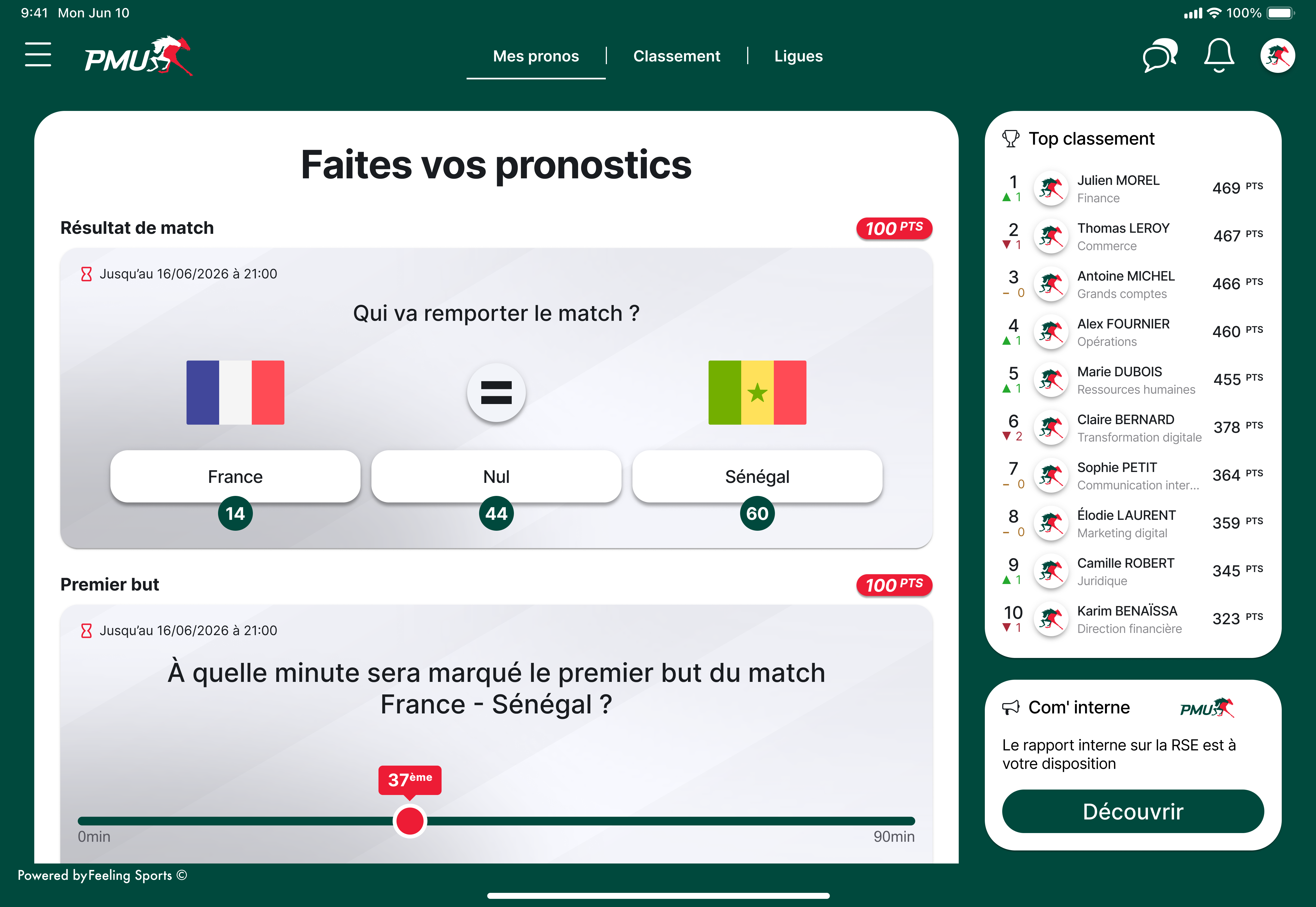 Capture d'ecran tablette du jeu de pronostics Coupe du Monde 2026