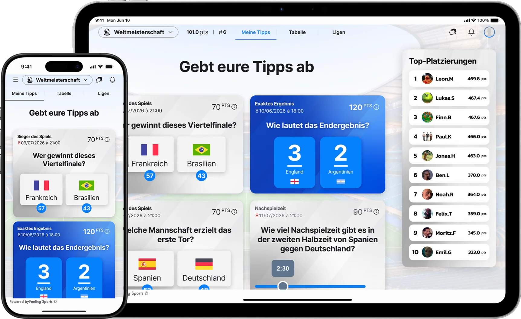 Mock-up der Sporttippspiel-App für die Weltmeisterschaft 2026