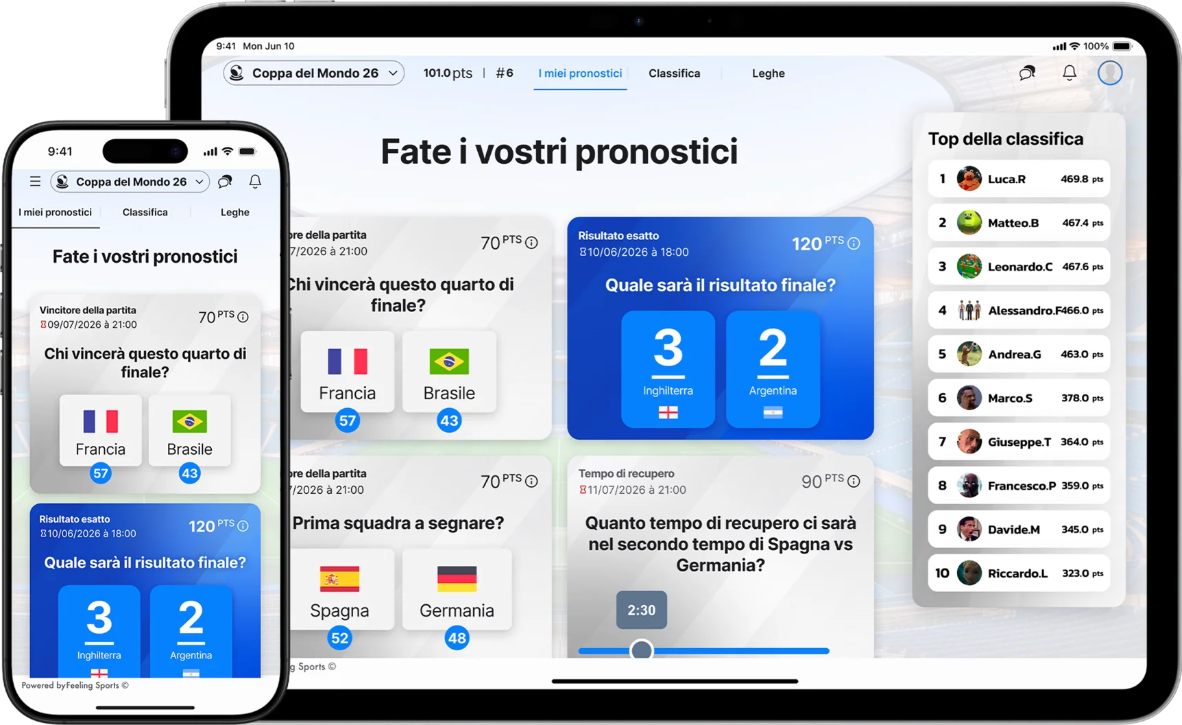 Mockup dell’app di pronostici sportivi per la Coppa del Mondo 2026